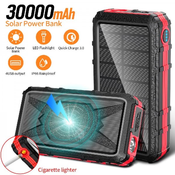 Solar power bank 30000 Ma, wireless charging, dual output input interface, pd3.0 fast charging, with cigarette lighting function, LED flashlight, waterproof ipx6, smart phone, computer