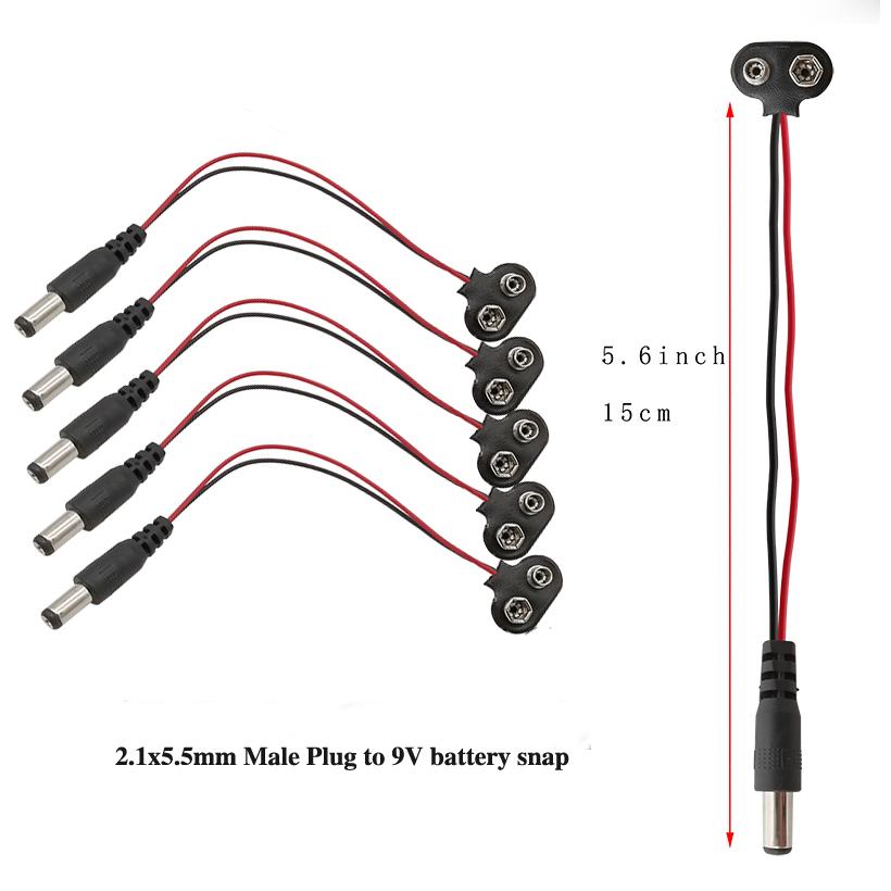 5pcs 2.1x5.5mm Male DC Power Plug to 9V Battery Button Connector Cable  T Type 9V DC Battery Snap Power Connector Cable Plug