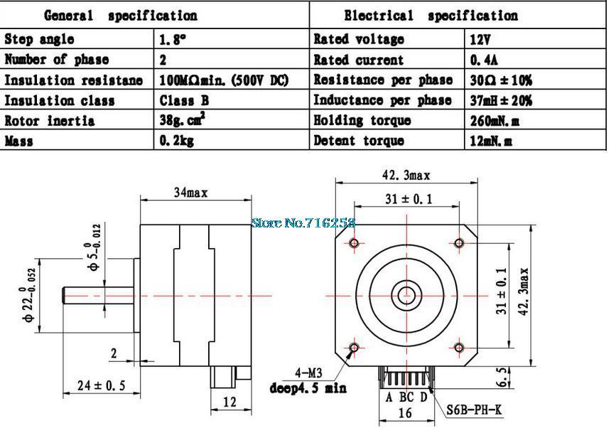 Nema-17-Stepper-Motor-bipolar-4-leads-34mm-12V-0-4A-26Ncm-36-8oz-in-3D-printer-motor-42SHD0001